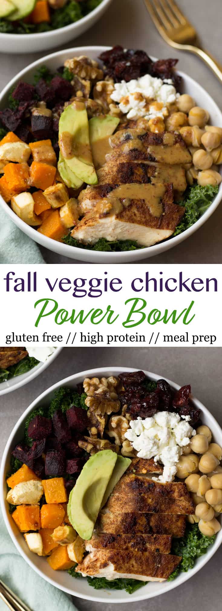 This Fall Veggie Chicken Power Bowl makes the perfect light, healthy, and gluten free winter meal - packed with protein, carbs, and healthy fats and so many vitamins & minerals! - Eat the Gains