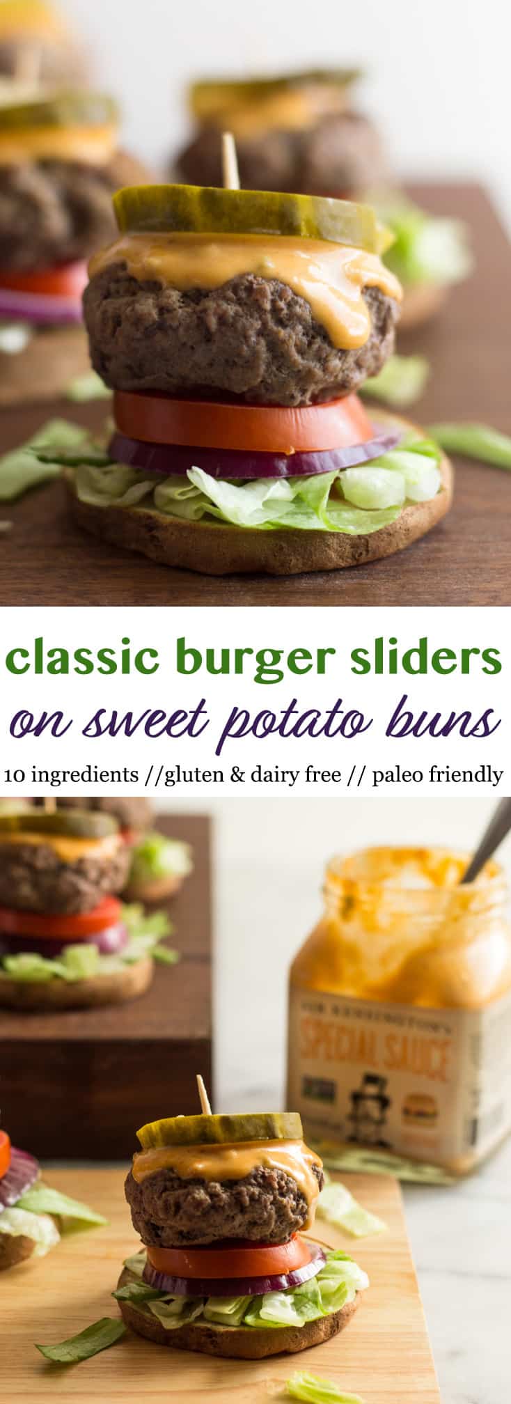 Classic Burger Sliders on Sweet Potato Buns Pinterest Image