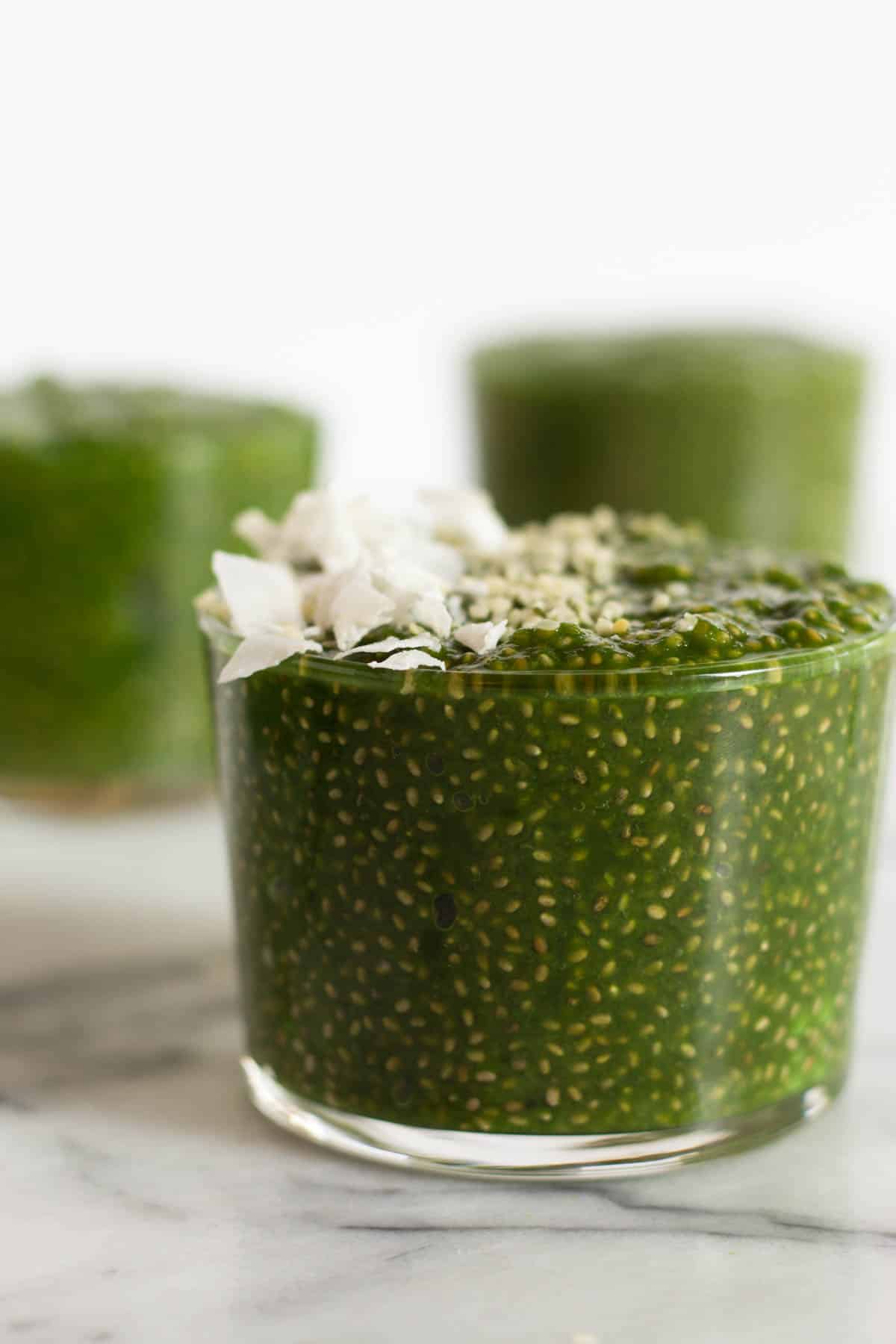 3 glasses of green juice chia pudding
