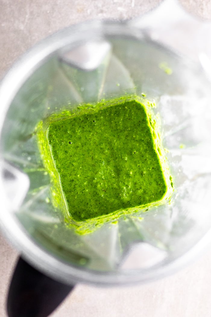 Blended up spicy chimichurri sauce in a blender.