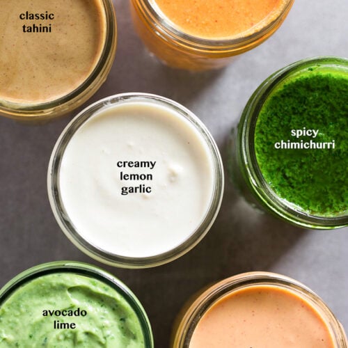 Overhead shot of 6 whole30 sauces in different jars with text overtop each one explaining what they are.