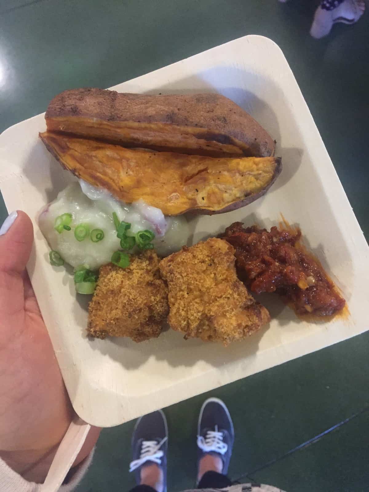 Plate of sweet potato wedges, chicken nuggets, chili, and turnip mash from Snap Kitchen