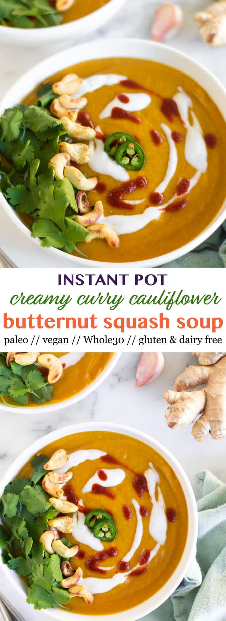 Pinterest image for Instant Pot Creamy Curry Cauliflower Butternut Squash Soup
