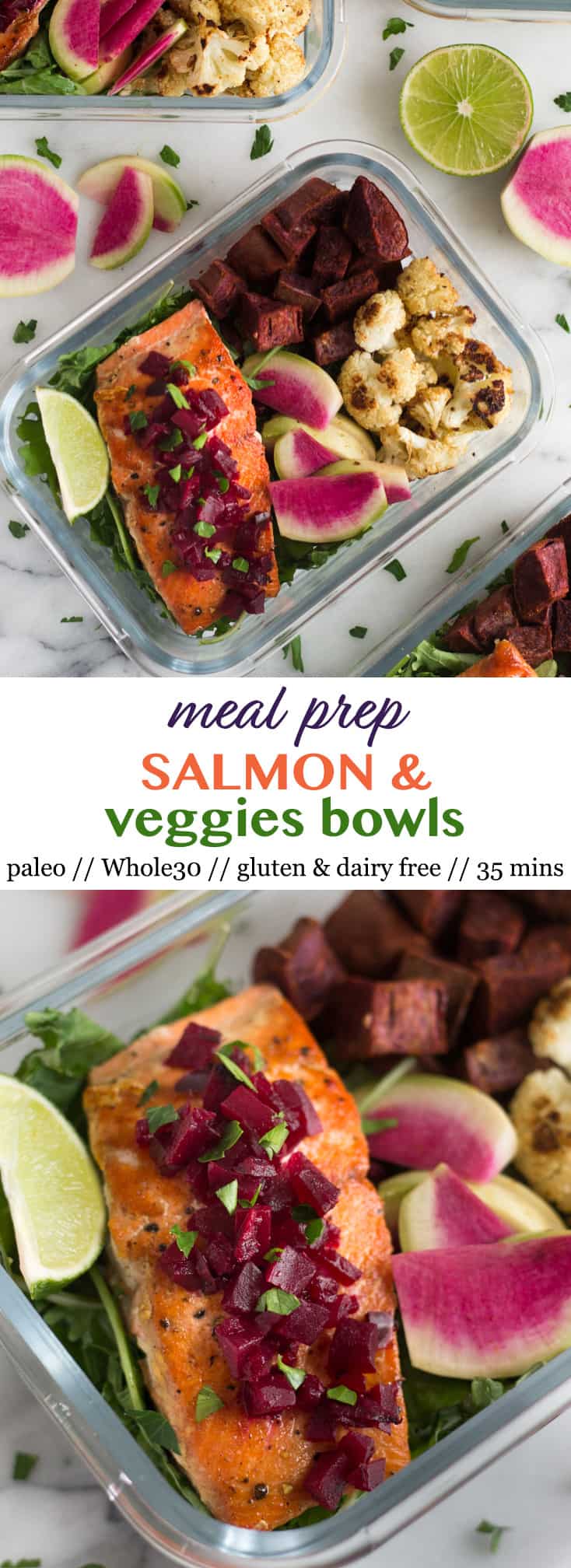 Pinterest image for Meal Prep Salmon and Veggies Bowls