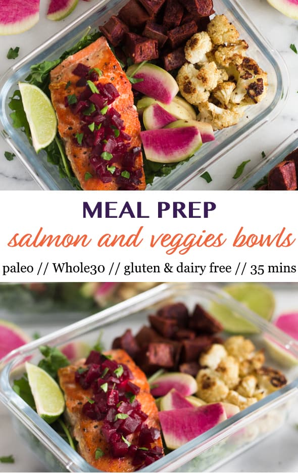 Pinterest image for Meal Prep Salmon and Veggies Bowls