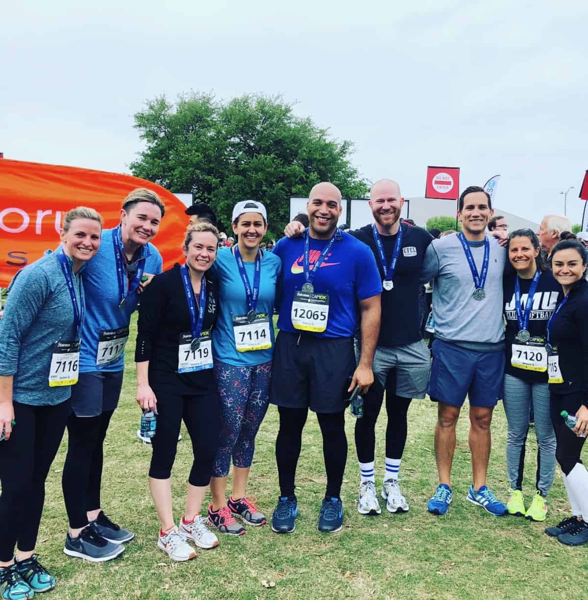 Group of friends after a running race