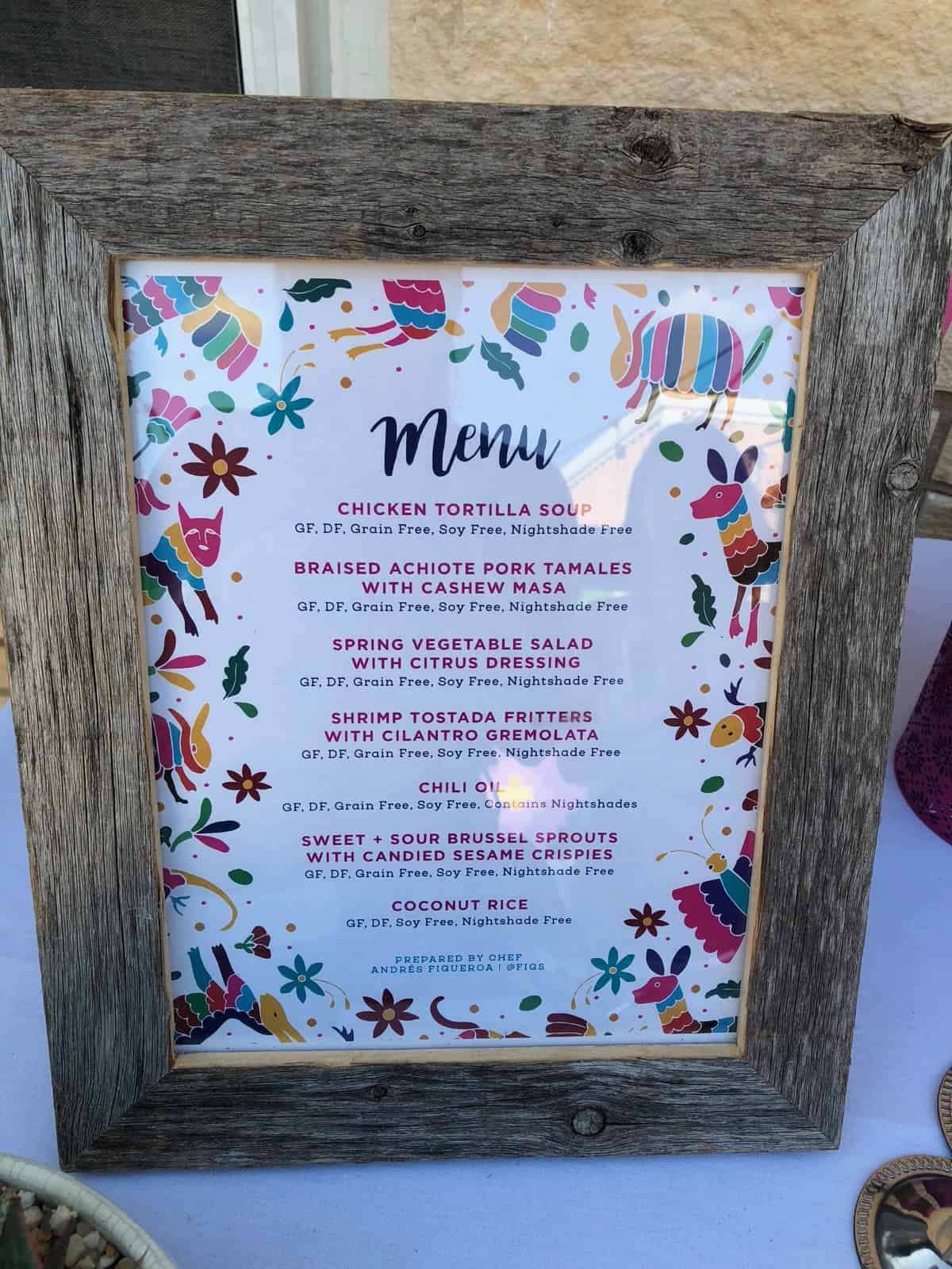 Dinner menu in a wooden frame