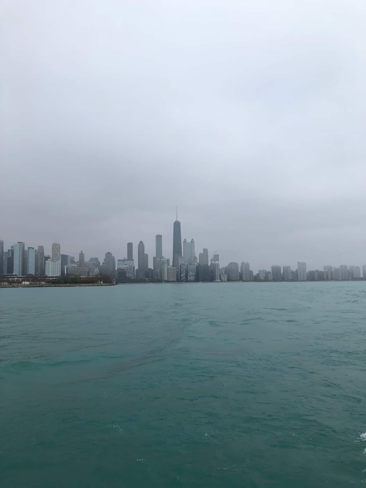 Chicago skyline from out on the river on a boat