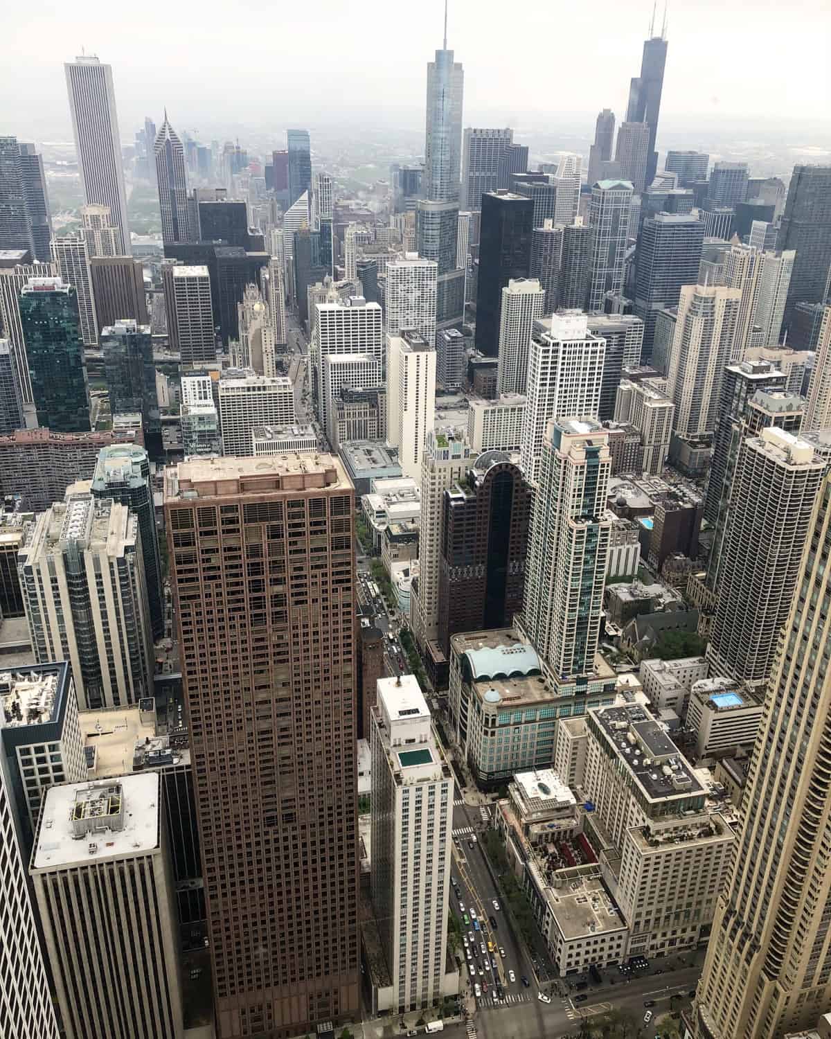 Chicago Skyline from the the women's bathroom on the 96th floor in John Hancock building