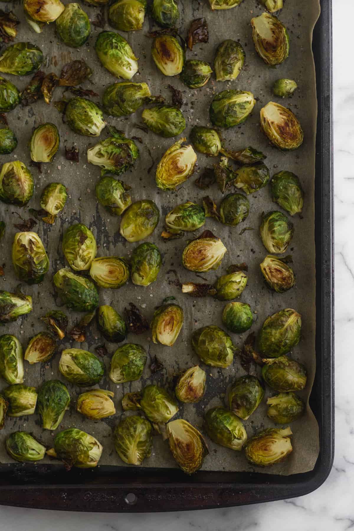 Large pan of roasted brussels sprouts