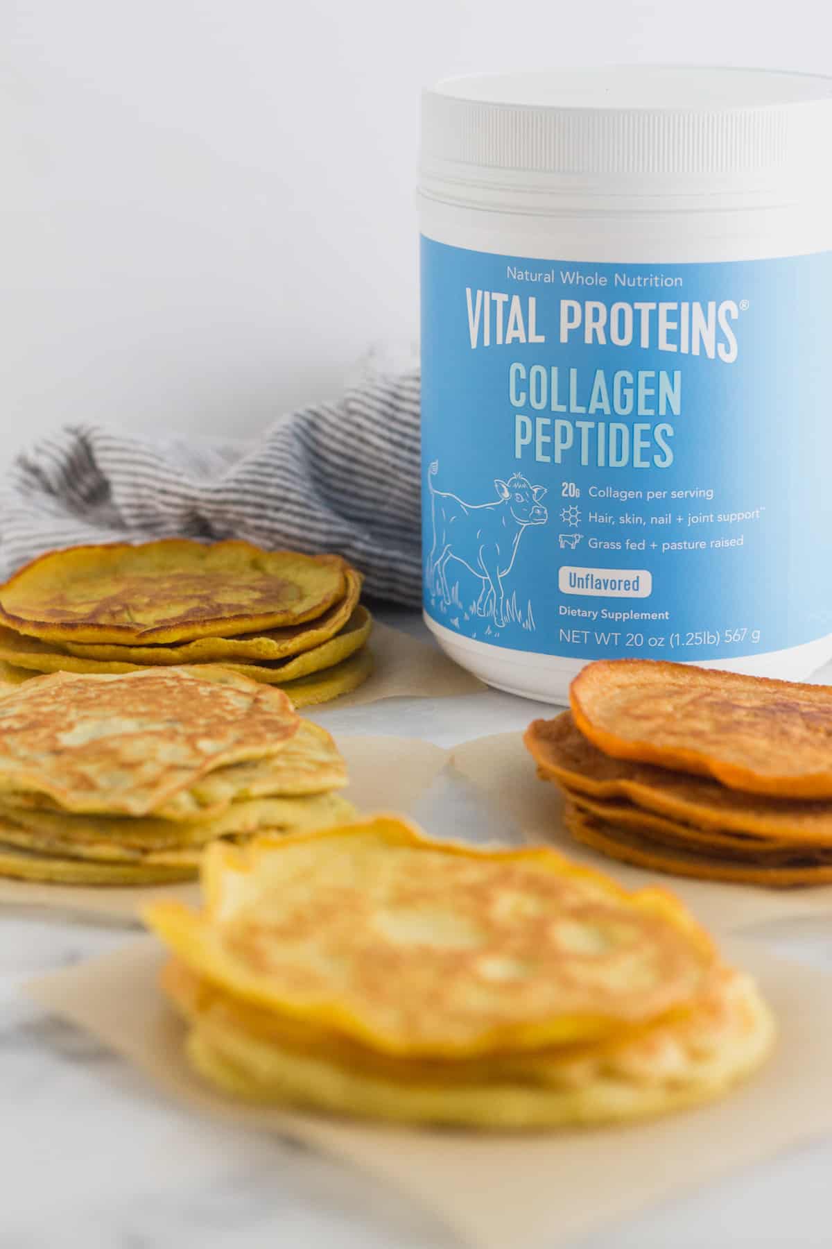 4 different kinds of paleo protein tortillas surrounding a container of collagen peptides