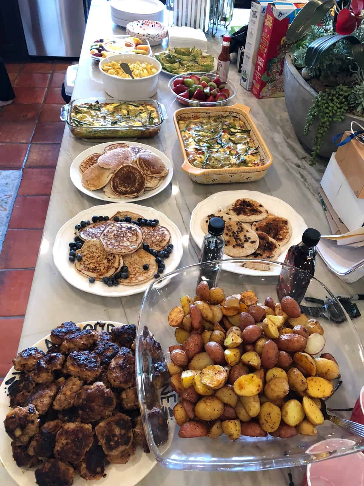 Large brunch buffet on a counter top