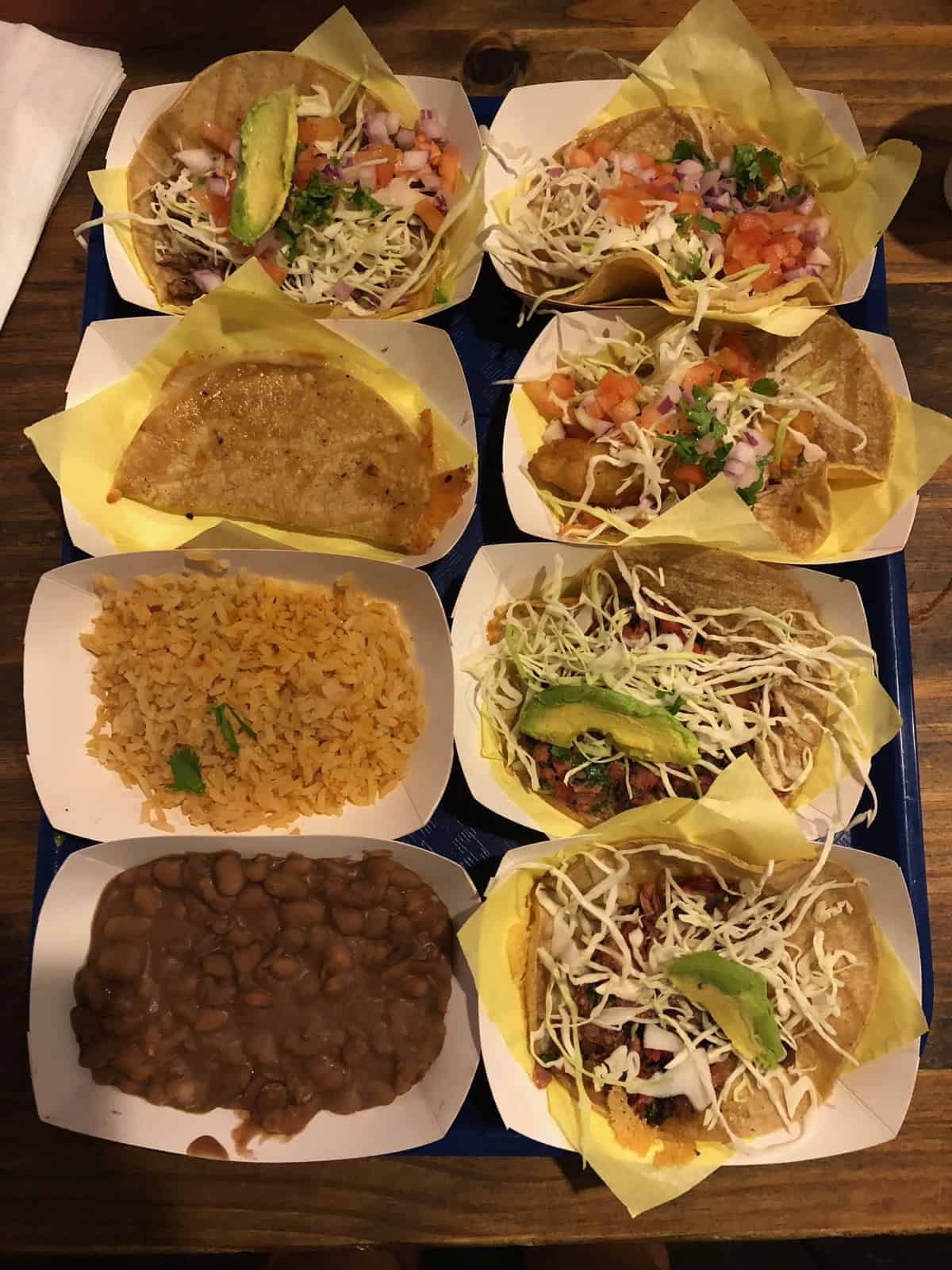 Huge platter of tacos, rice, beans, and a quesadilla from Oscar's in San Diego