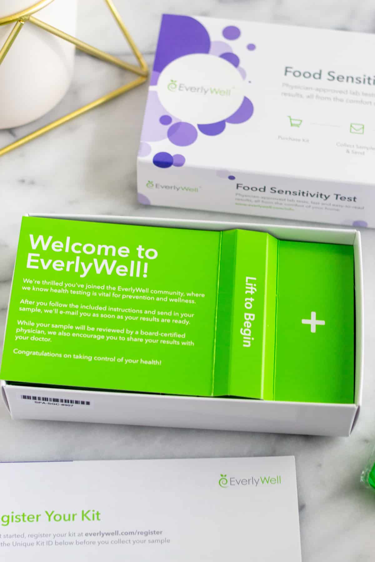EverlyWell Food Sensitivity test box open on a white counter