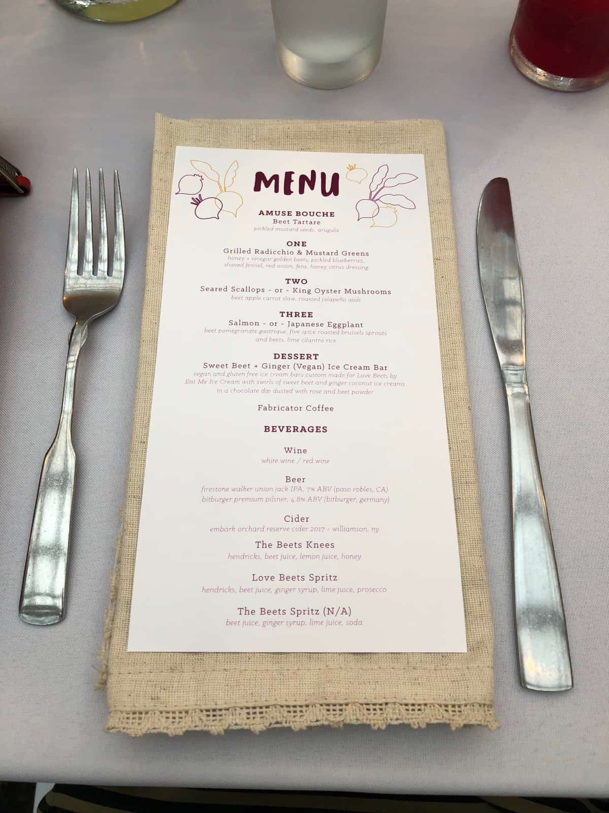 Menu of a beet centric 4 course meal