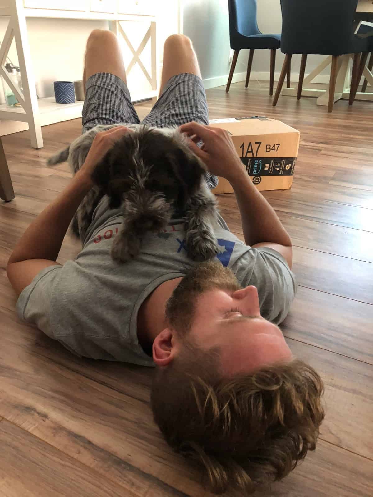 Guy laying on the ground with a wirehaired pointing griffon puppy lying on his chest