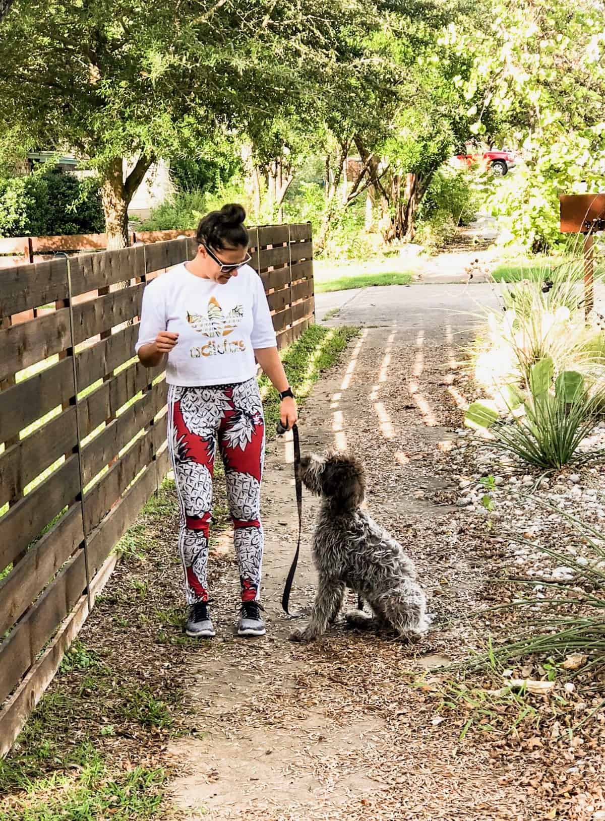 Girl and a puppy on a sidewalk outside. Leaves are on the ground and the puppy is looking at her.