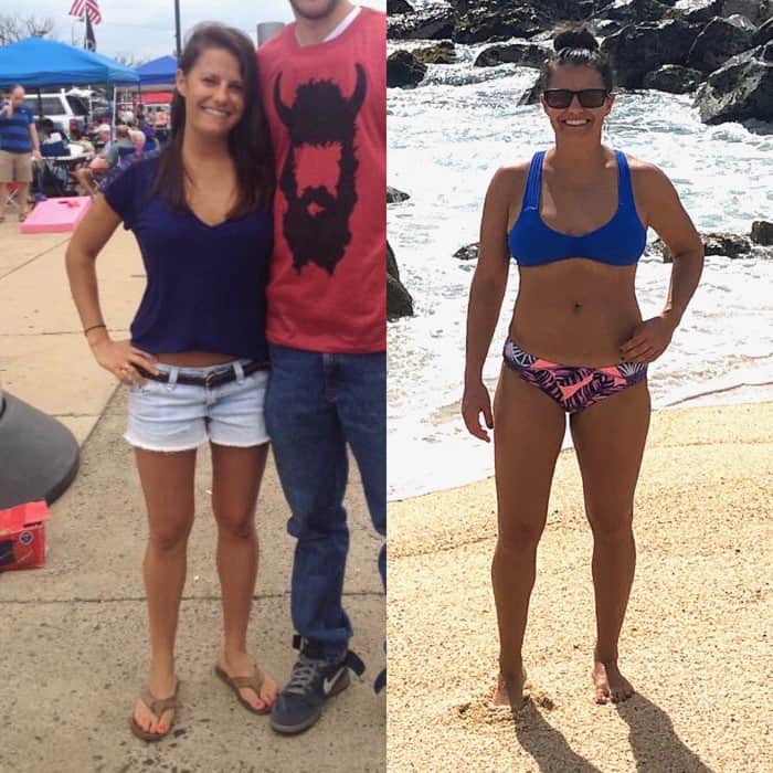Two side by side pictures of a girl over the span of 5 years showing how her body has changed
