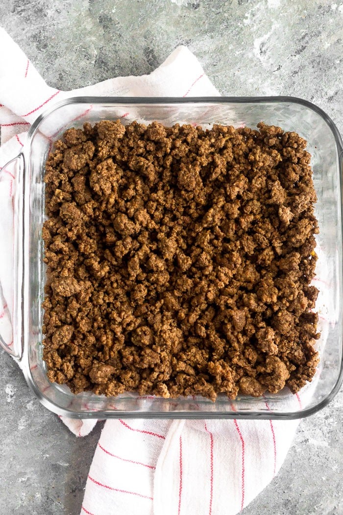 Glass dish filled with taco seasoned ground beef.