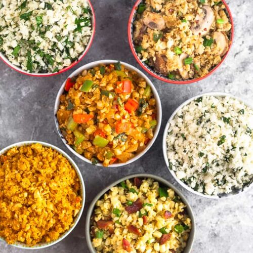 Overhead shot of 6 different bowls filled with 6 different paleo and Whole30 cauliflower rice recipes.