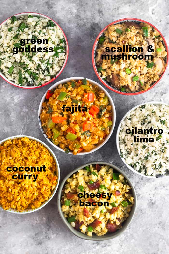 Overhead shot of 6 different bowls filled with 6 different paleo and Whole30 cauliflower rice recipes with text overtop the dishes to say what they are.