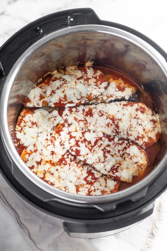 Instant Pot Eggplant Parmesan just after it has been cooked in the Instant Pot.