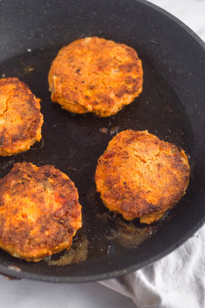 Pan fried homemade salmon burgers.
