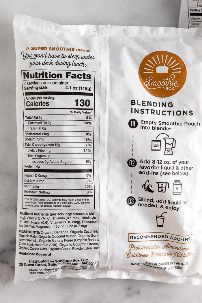 Smoothie box nutrition facts for the cacao flavor