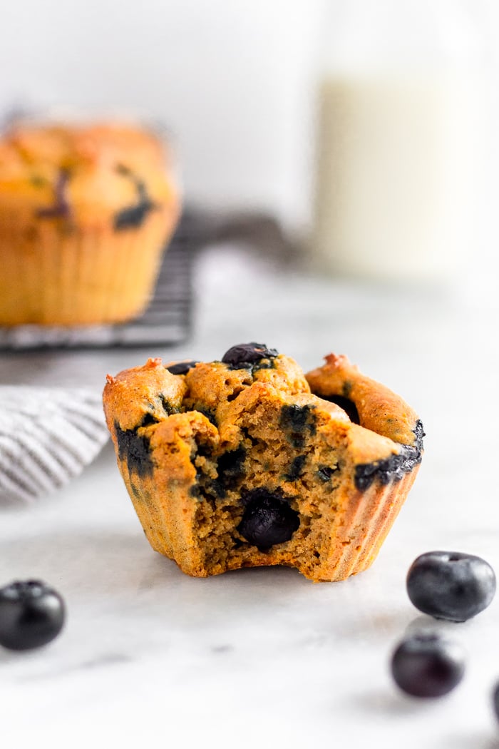 Blender blueberry protein muffin with a bite taken out of it. Behind it is a cooling rack with more muffins and a jar of milk.