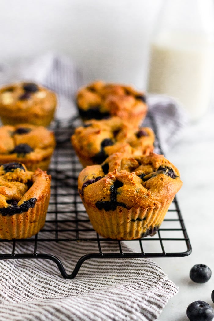 Blueberry protein muffins on a cooking rack with a jar of milk behind them and blueberries in front of them.