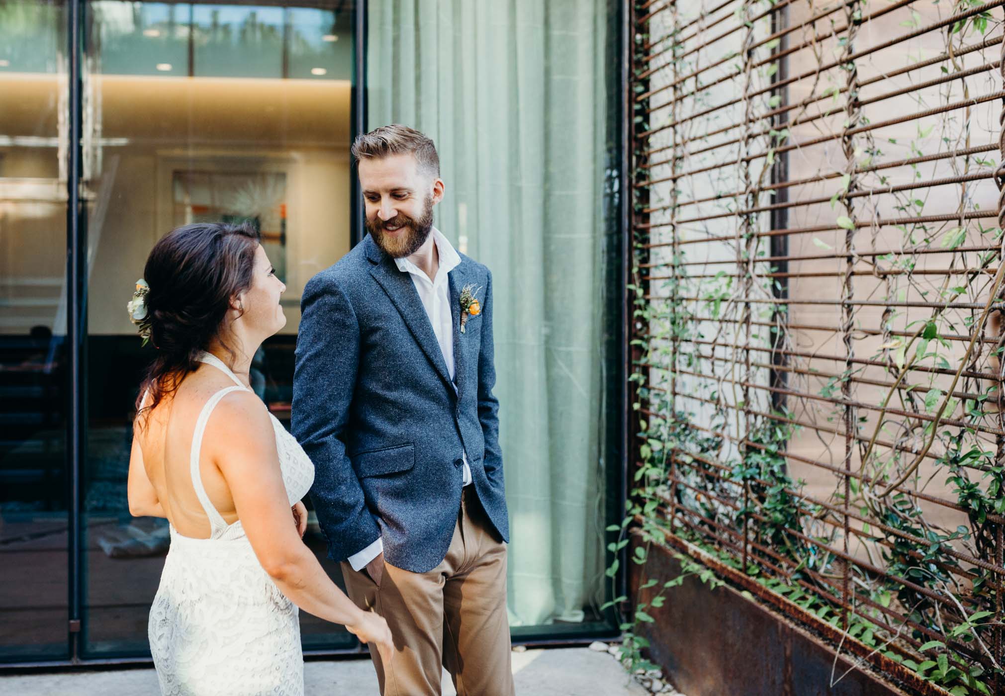 Bride and a groom doing a first look before their wedding.