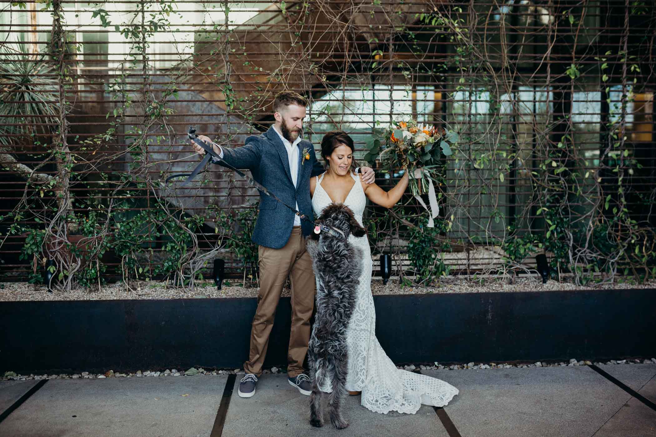 Bride and groom getting ready to take a picture and their dog jumping up at them.