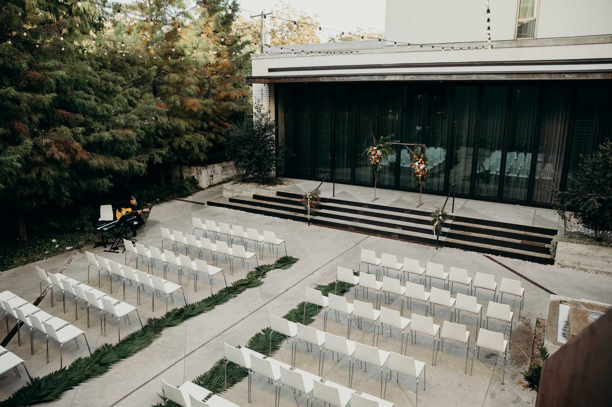 Small courtyard set up for a wedding.