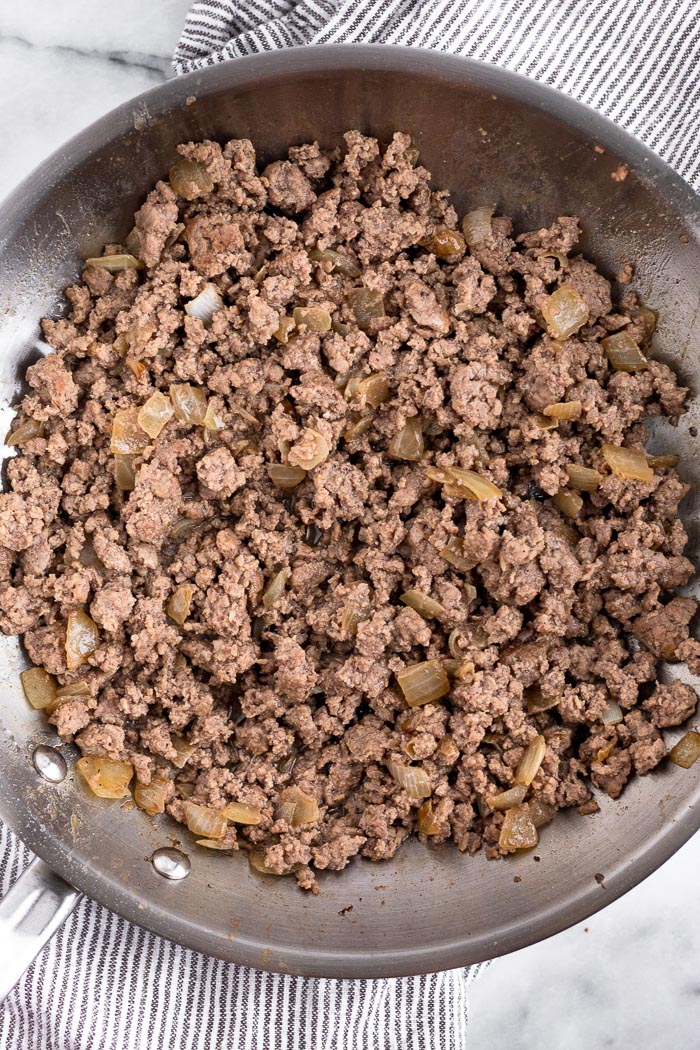 Pan of sautéed ground beef.