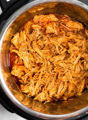 Instant Pot buffalo chicken in a pressure cooker.