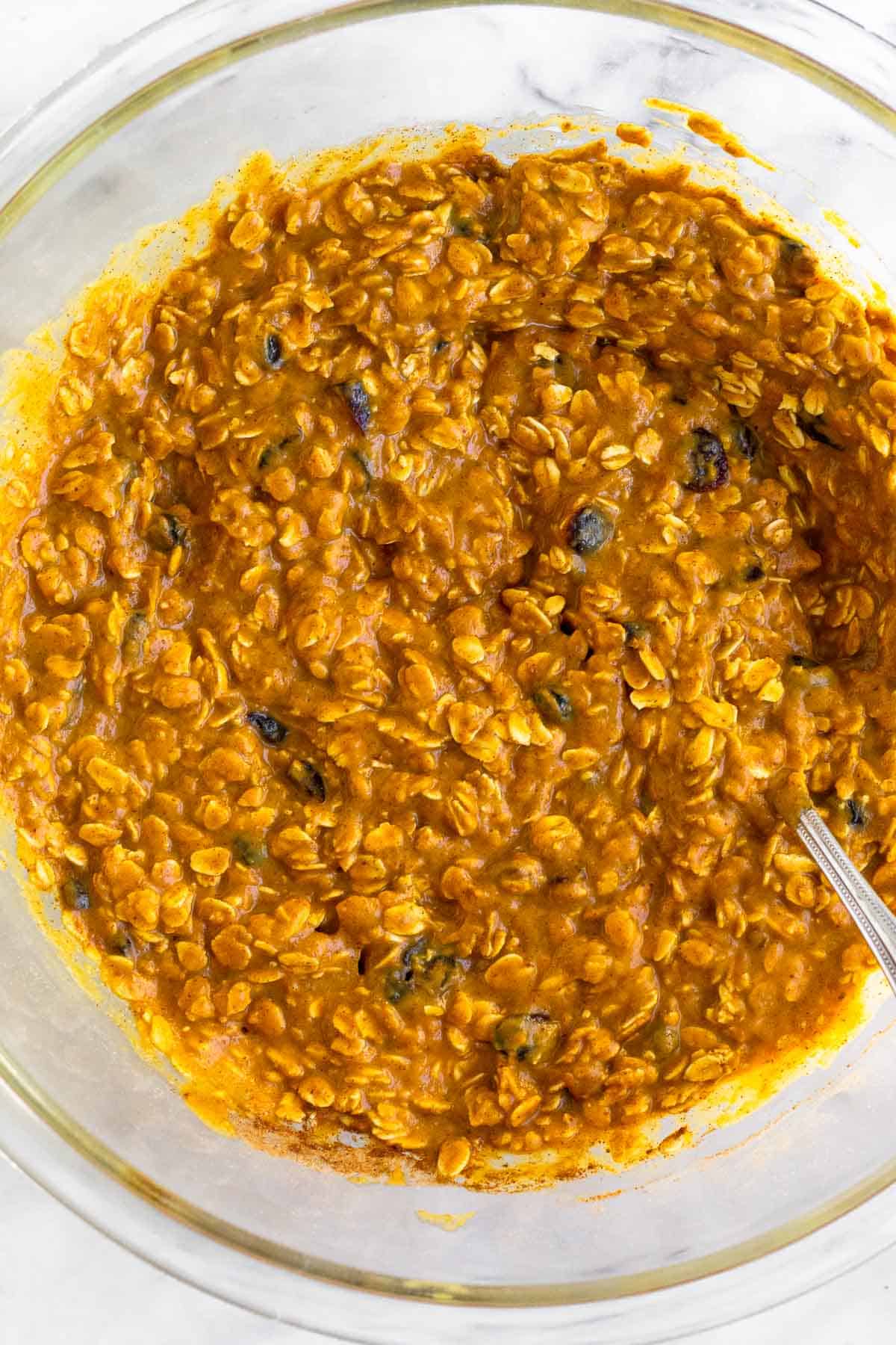Oats mixed with pumpkin puree and dried cranberries in a large bowl.