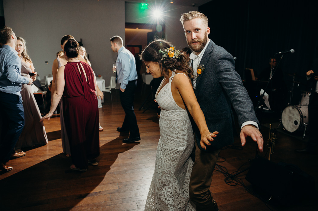 Bride and groom dancing on their wedding day.