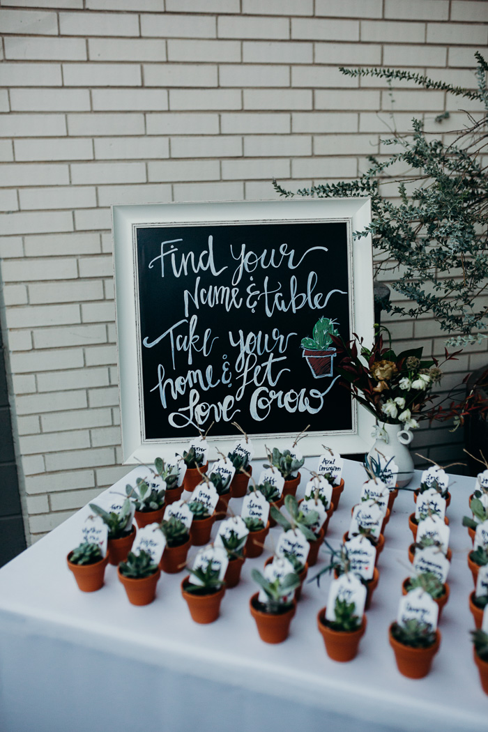 Small succulents with people's names on a tag on them telling them where to sit for a wedding. Behind it is a sign that says "find your name and table, take your plants home & let love grow."