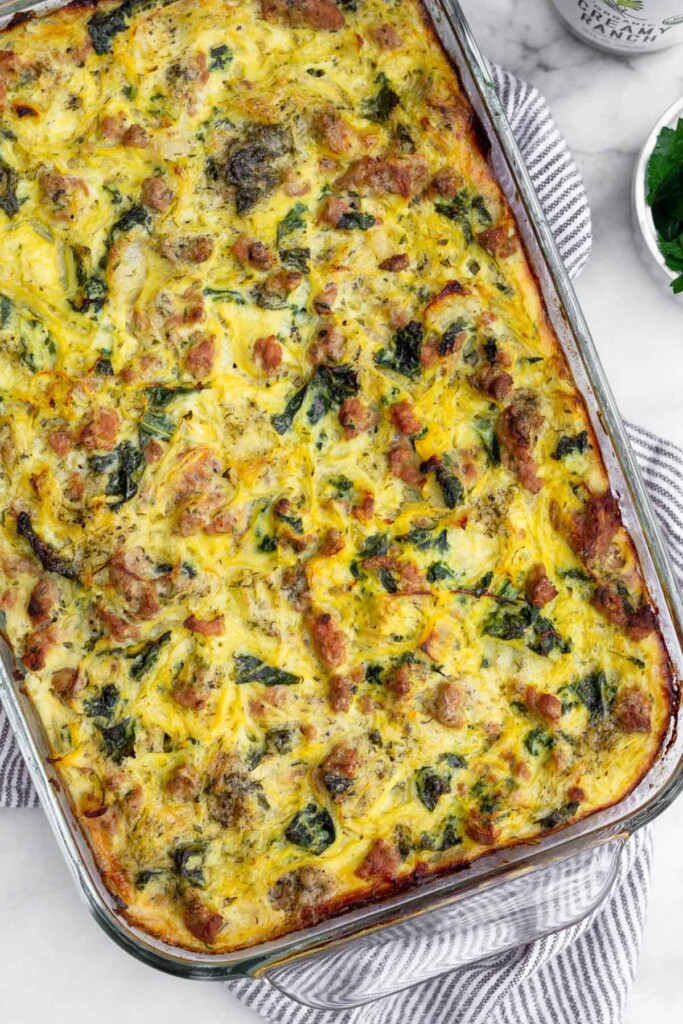 Healthy ground turkey casserole with spaghetti squash in a large baking dish.