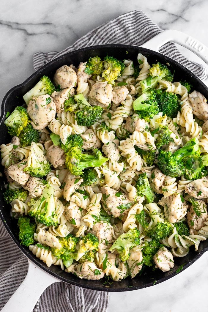 Overhead shot of chicken broccoli ranch pasta in a large pan.
