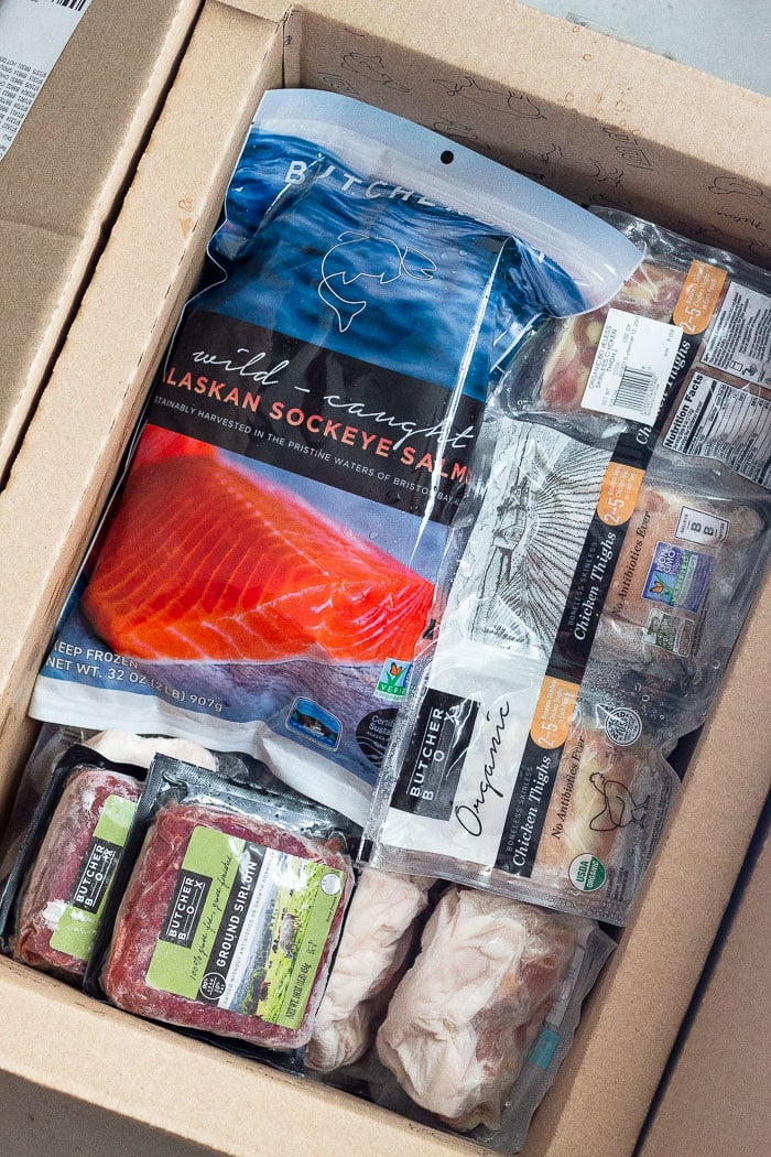 A box filled with ButcherBox meat options that was just opened.