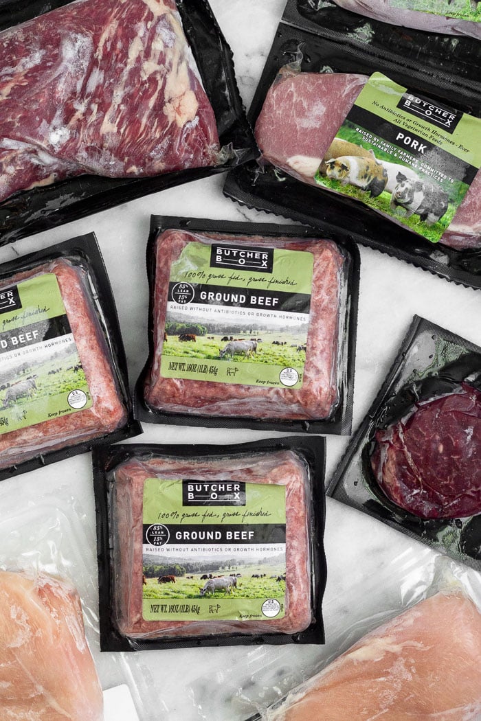 Overhead shot of different cuts of meat from ButcherBox.