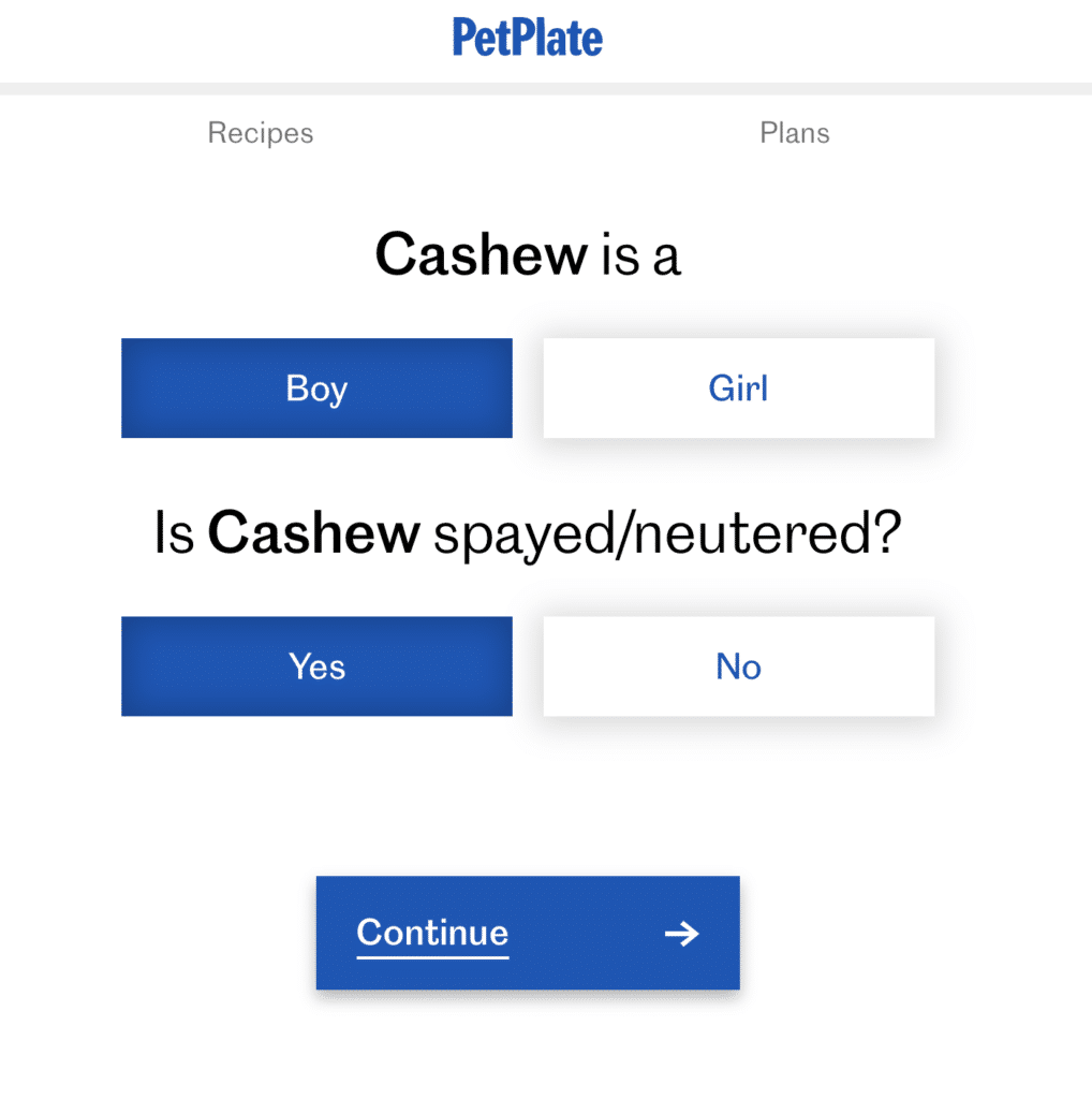 Screenshot of a questionnaire asking what gender your dog is and if they are spayed/neutered.