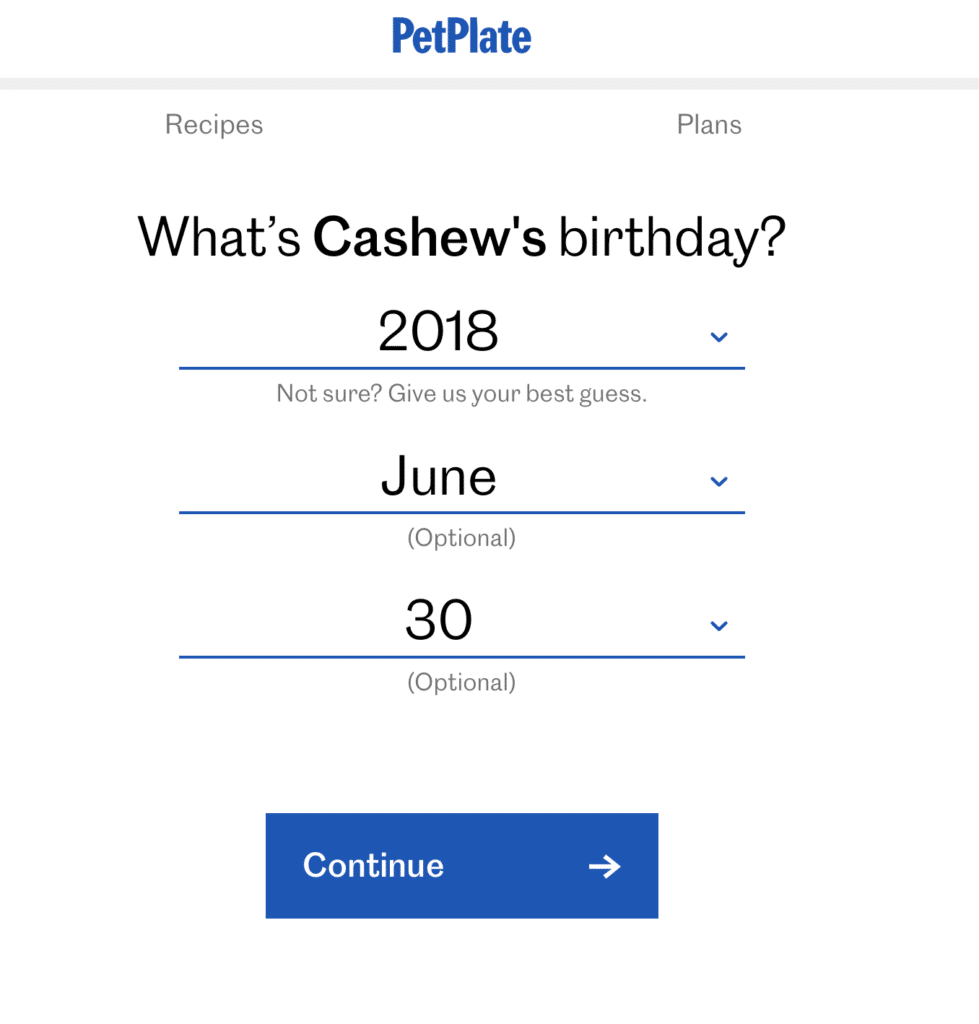 Screenshot of a questionnaire asking the birthday of your dog.