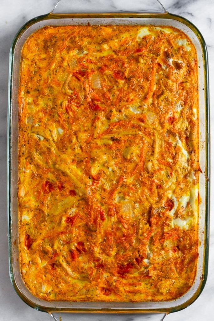 Overhead shot of a gluten free breakfast casserole in a large casserole dish.