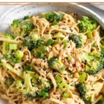 Sesame noodles with chicken and broccoli garnished with green onion, sesame seeds, and red pepper flakes in a white bowl.