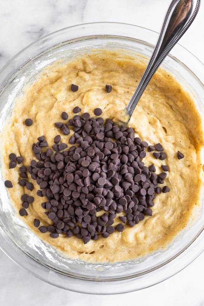 Bowl of banana bread batter with chocolate