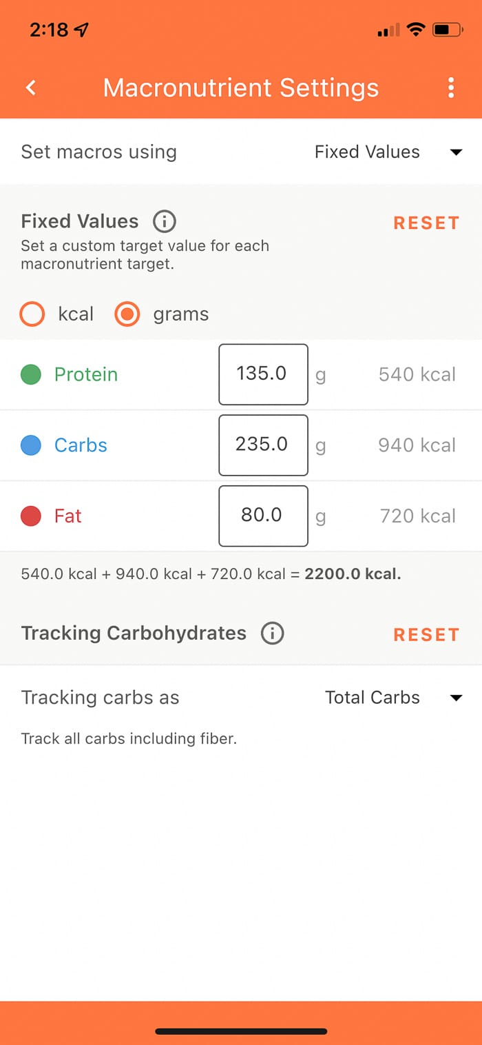 Screenshot of a macro counting app showing setting your macronutrient breakdown goals.