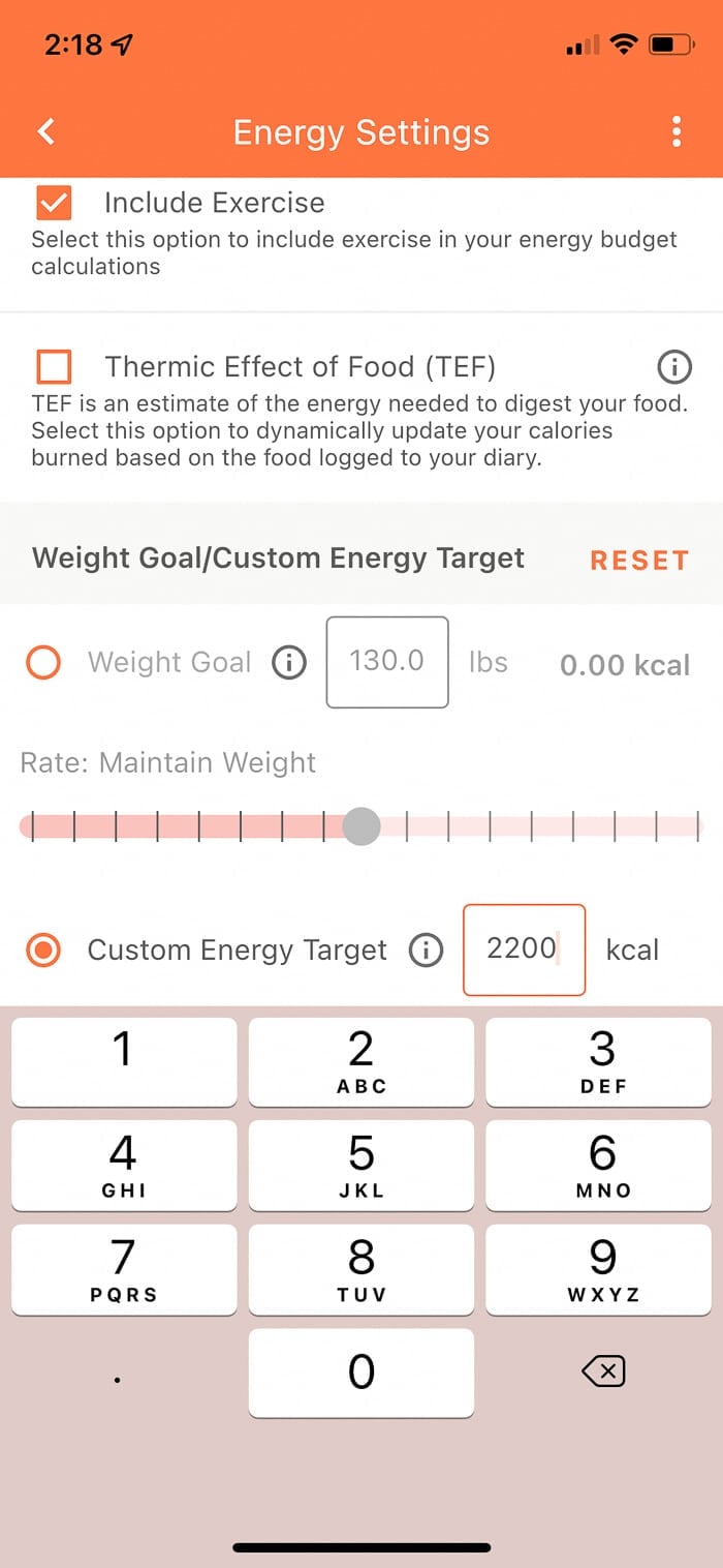 Screenshot of a counting macros app with how to enter in your calorie goal.