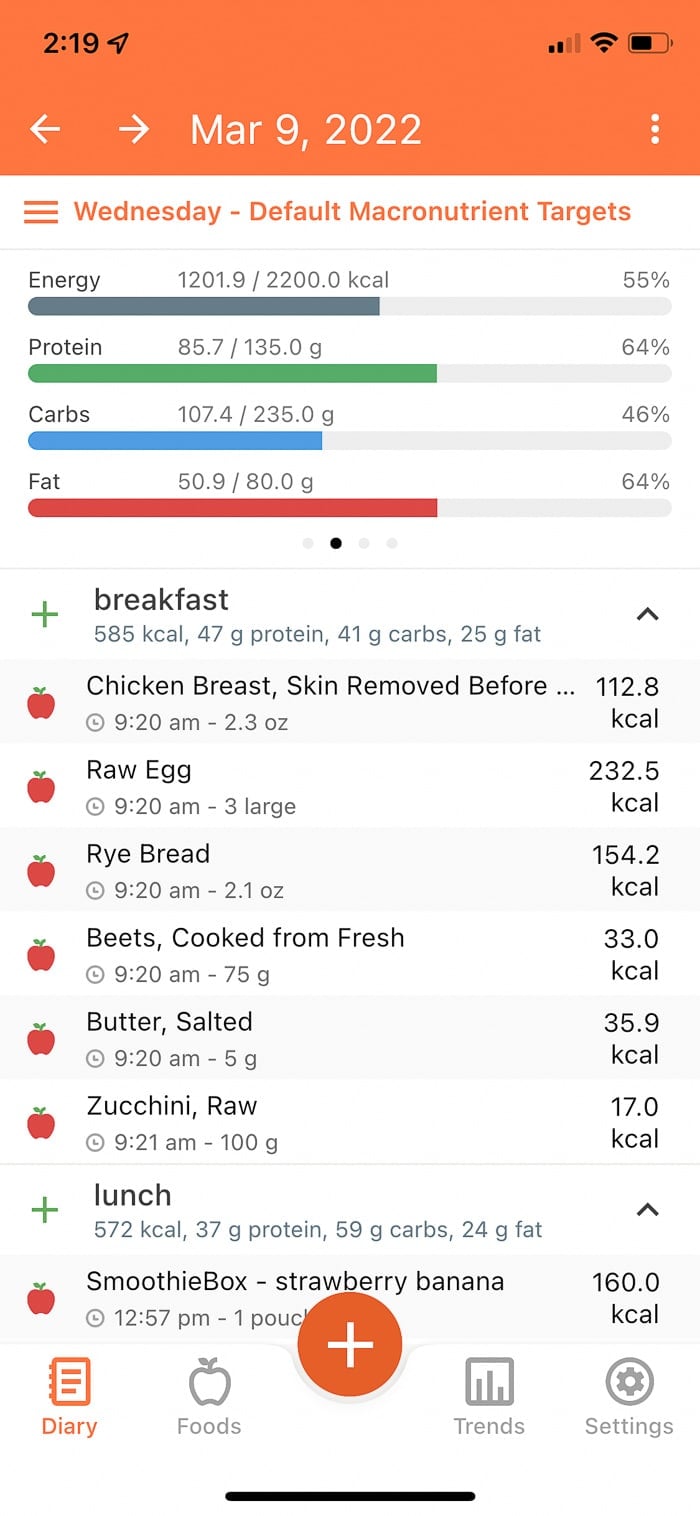 Screenshot of a food tracking app with food logged in to understand how to count macros.